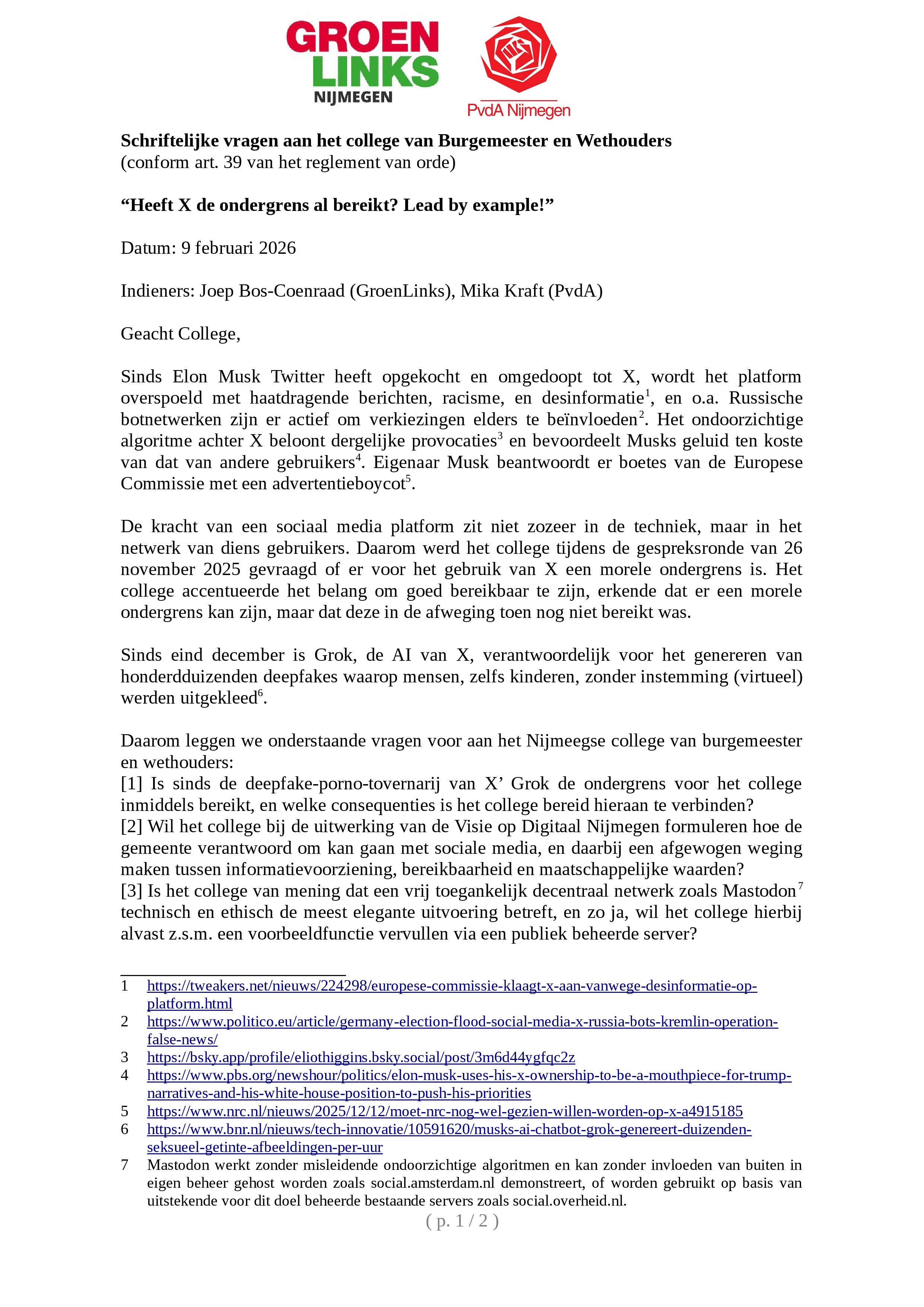 Pagina 1 van de schriftelijke vragen